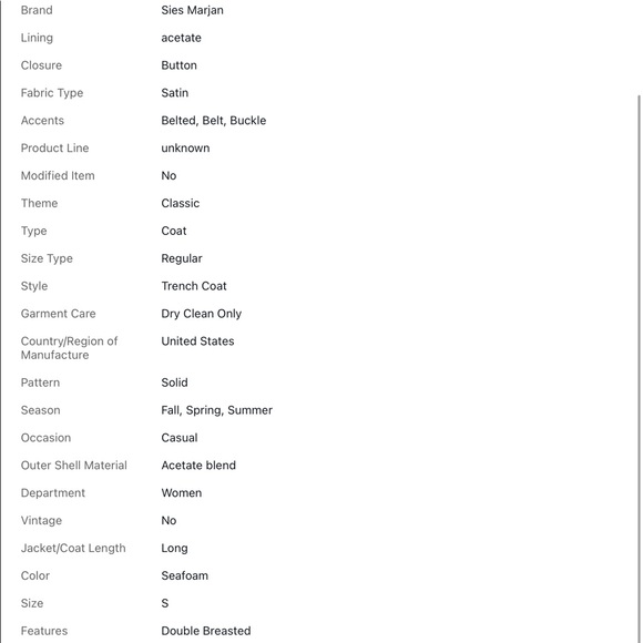 SIES MARJAN Rare NWT Seafoam Satin Trench Coat S - Picture 9 of 10